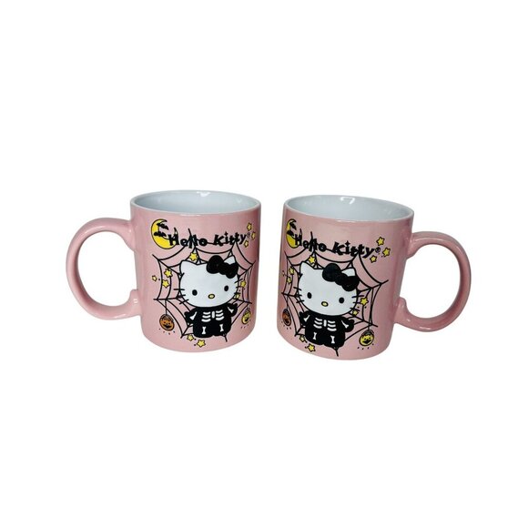 Hello Kitty Pink Halloween Ceramic Mug Set 12 Oz Spiderweb Bats Moon - Picture 1 of 6